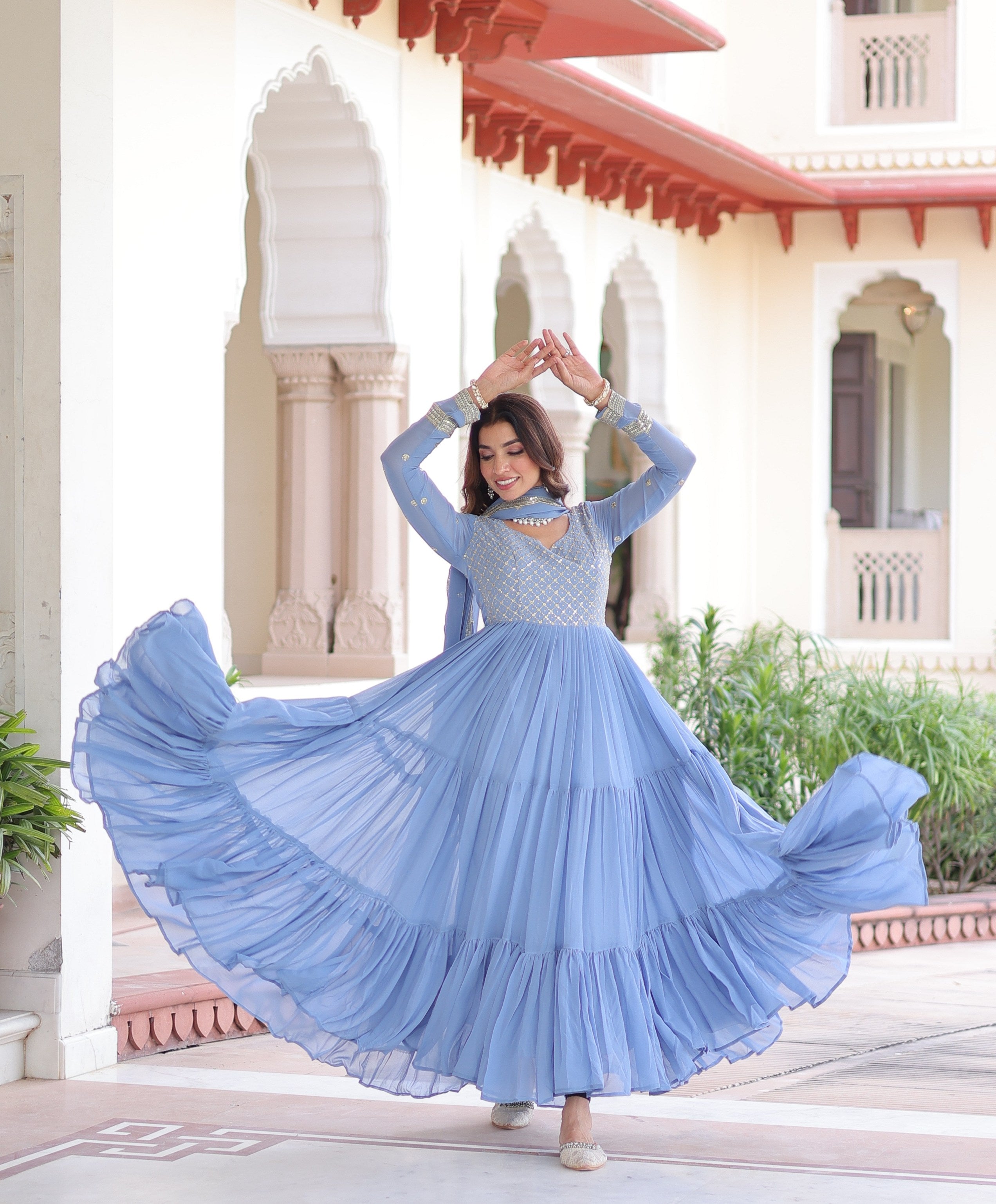 Jyoti Fashion Women's Sky Blue Faux Georgette Sequins Zari Embroidered Anarkali Set With Dupatta | Grocsy