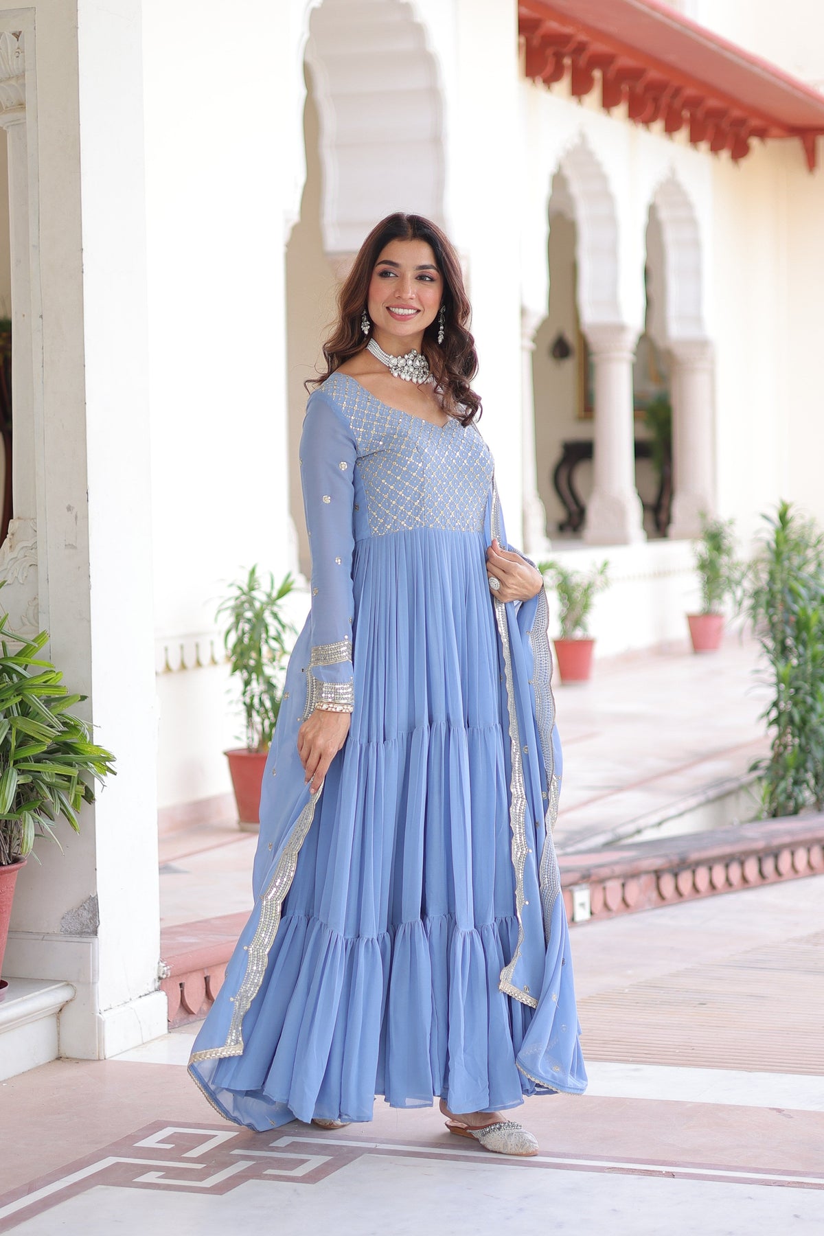 Jyoti Fashion Women's Sky Blue Faux Georgette Sequins Zari Embroidered Anarkali Set With Dupatta | Grocsy
