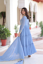 Jyoti Fashion Women's Sky Blue Faux Georgette Sequins Zari Embroidered Anarkali Set With Dupatta | Grocsy