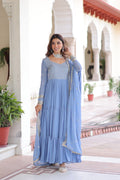 Jyoti Fashion Women's Sky Blue Faux Georgette Sequins Zari Embroidered Anarkali Set With Dupatta | Grocsy
