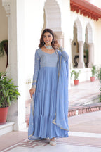 Jyoti Fashion Women's Sky Blue Faux Georgette Sequins Zari Embroidered Anarkali Set With Dupatta | Grocsy