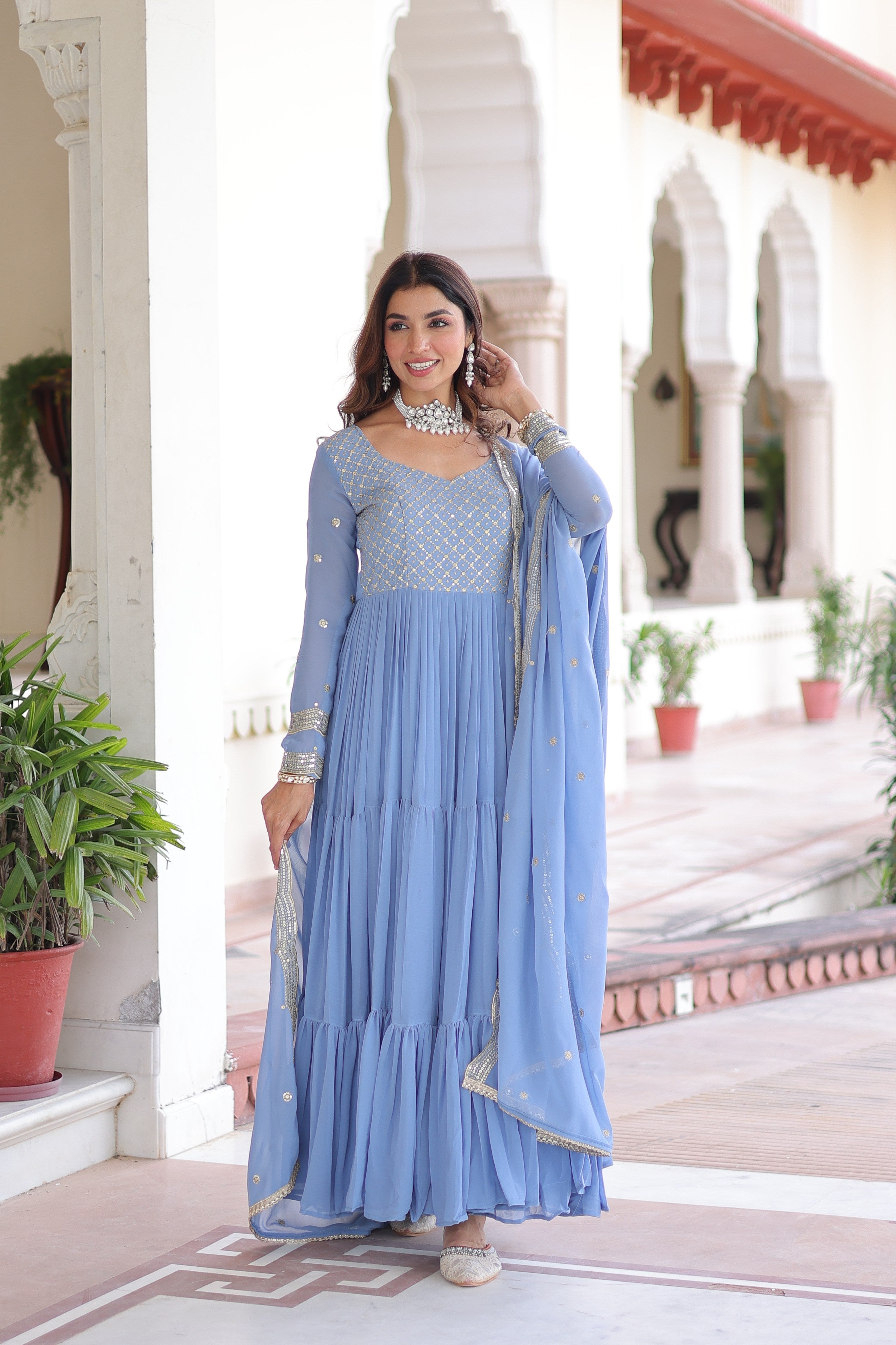 Jyoti Fashion Women's Sky Blue Faux Georgette Sequins Zari Embroidered Anarkali Set With Dupatta | Grocsy