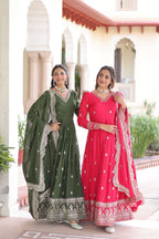Jyoti Fashion Women's Green & Pink Vichitra Silk Embroidered Combo Anarkali Set With Dupatta | Grocsy