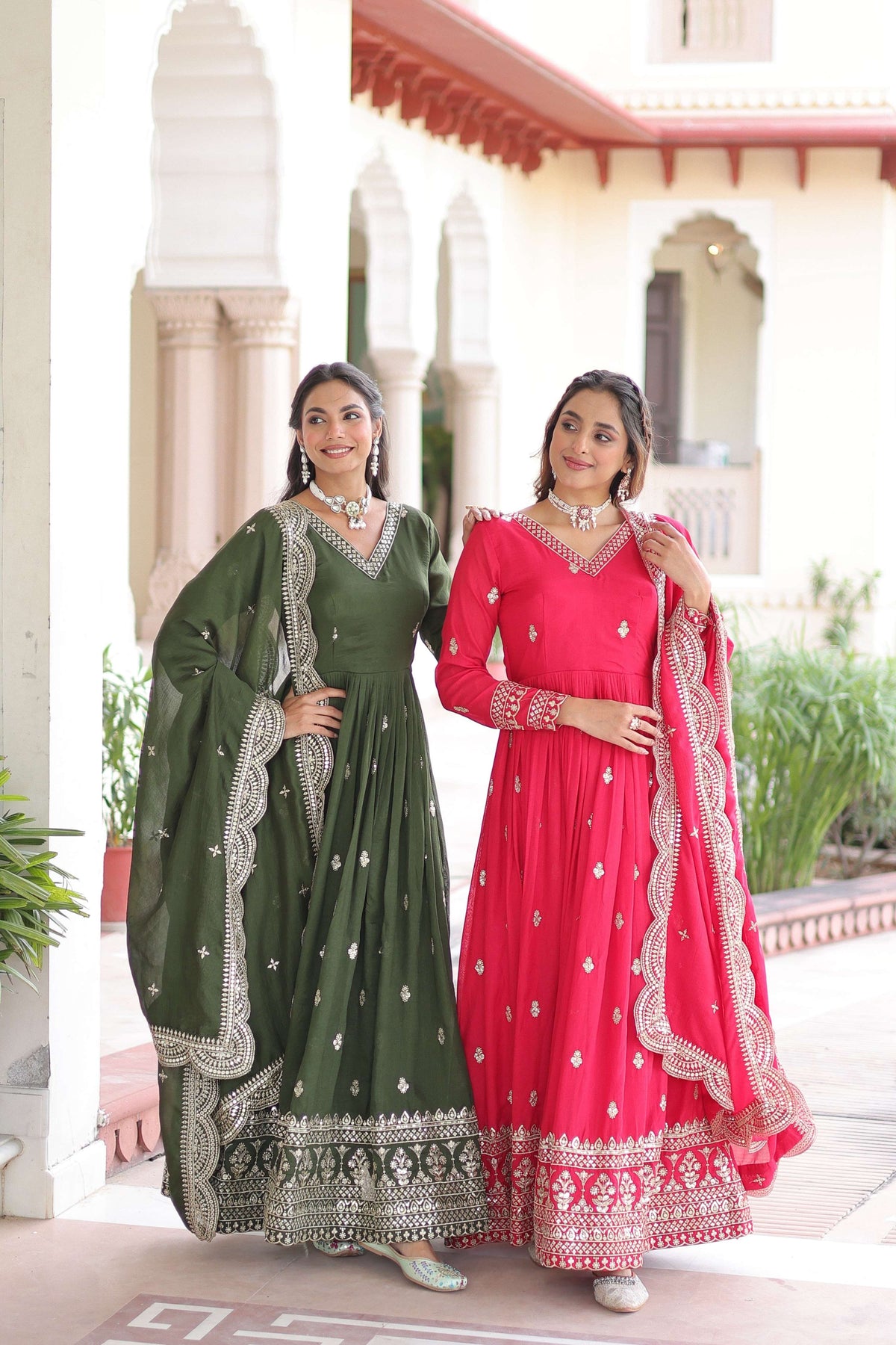 Jyoti Fashion Women's Green & Pink Vichitra Silk Embroidered Combo Anarkali Set With Dupatta | Grocsy