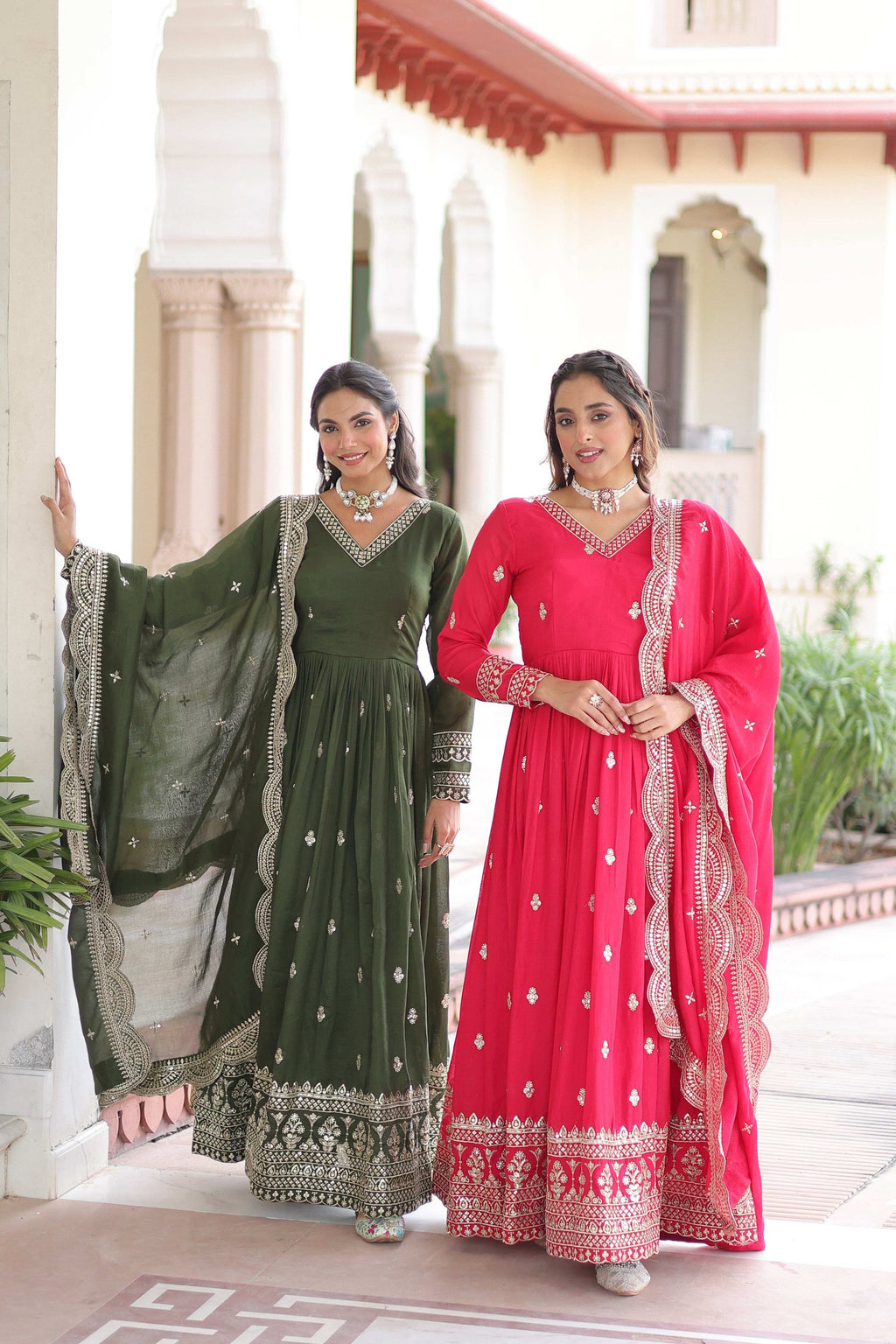 Jyoti Fashion Women's Green & Pink Vichitra Silk Embroidered Combo Anarkali Set With Dupatta | Grocsy