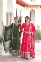 Jyoti Fashion Women's Green & Pink Vichitra Silk Embroidered Combo Anarkali Set With Dupatta | Grocsy