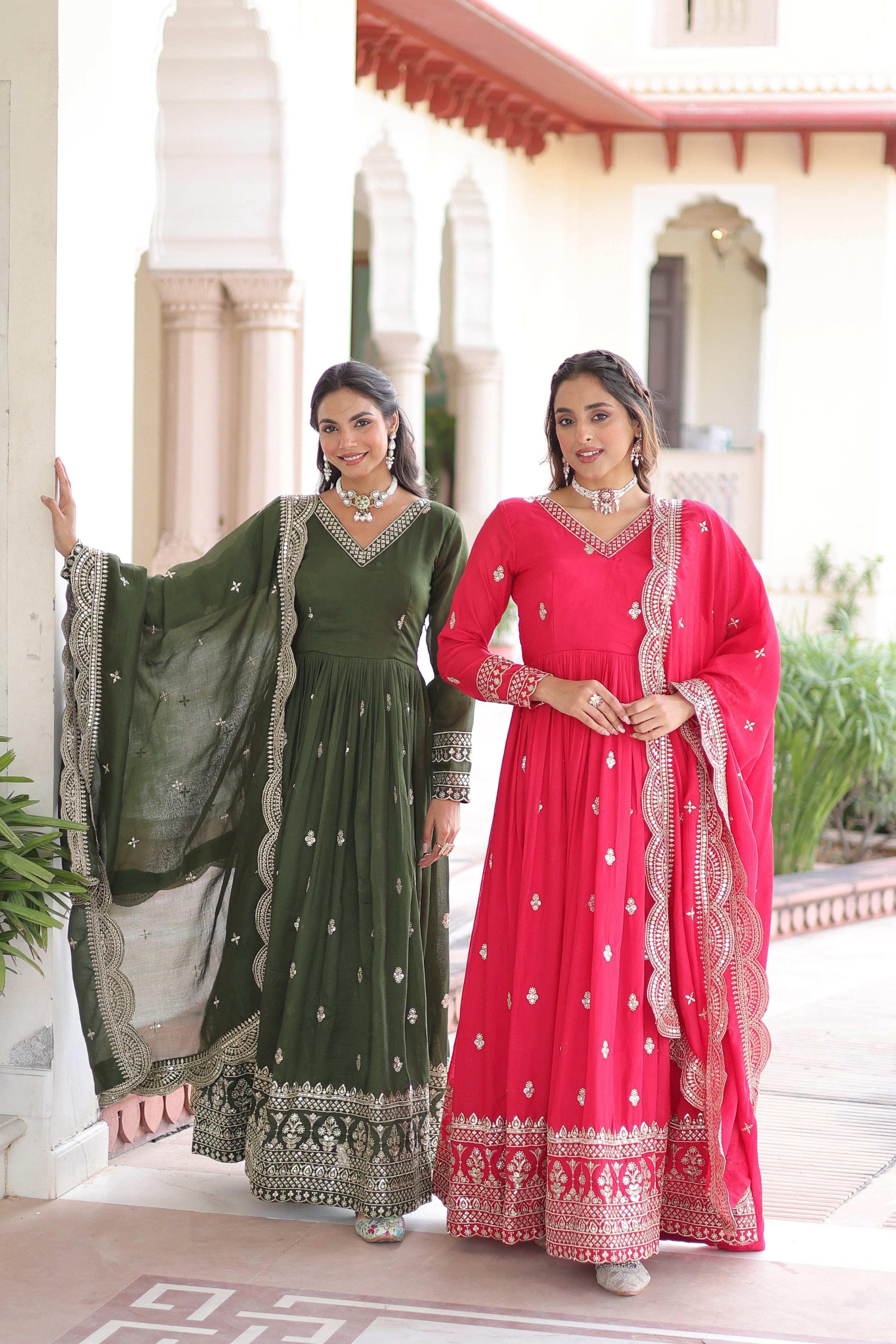 Jyoti Fashion Women's Green & Pink Vichitra Silk Embroidered Combo Anarkali Set With Dupatta | Grocsy
