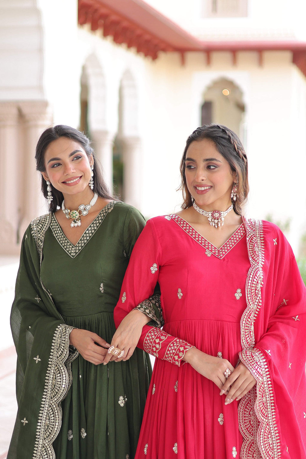 Jyoti Fashion Women's Green & Pink Vichitra Silk Embroidered Combo Anarkali Set With Dupatta | Grocsy