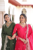 Jyoti Fashion Women's Green & Pink Vichitra Silk Embroidered Combo Anarkali Set With Dupatta | Grocsy