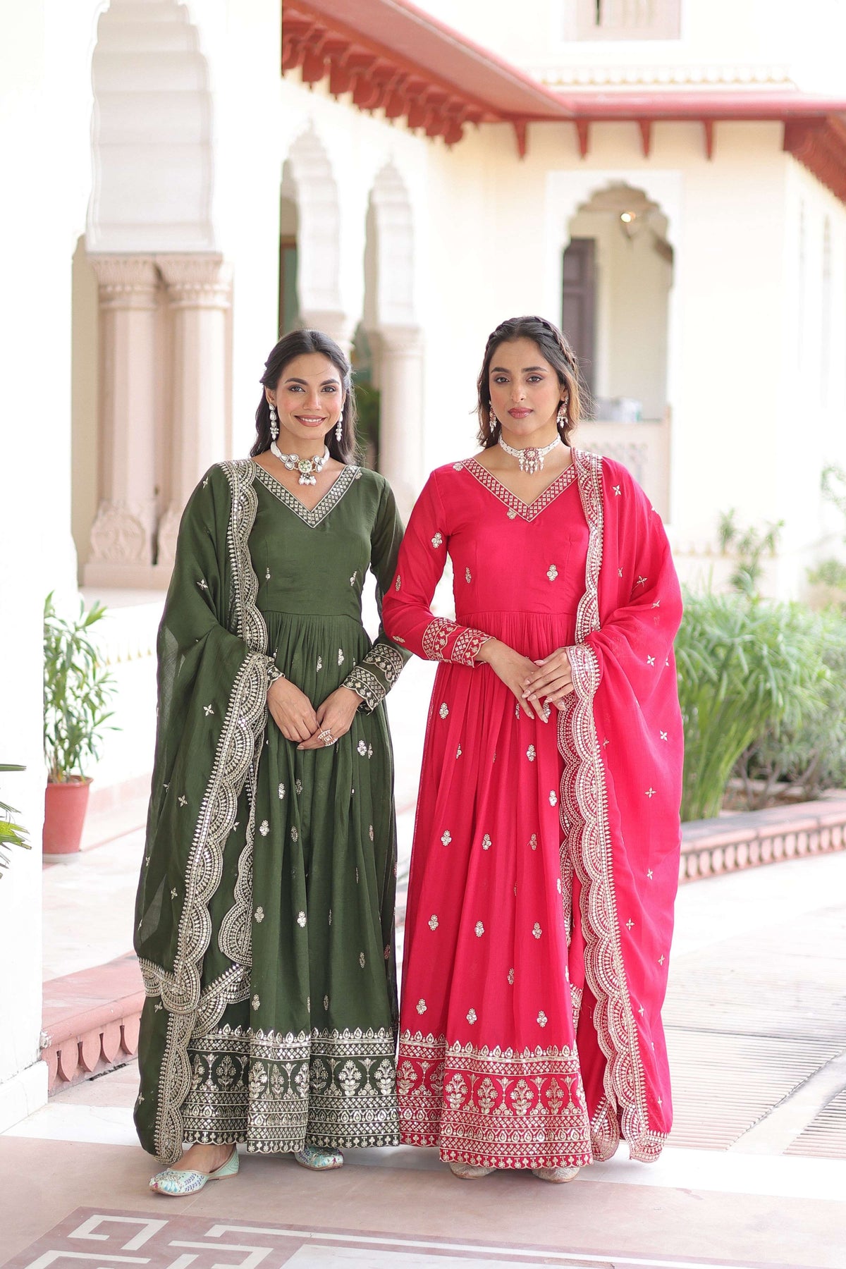 Jyoti Fashion Women's Green & Pink Vichitra Silk Embroidered Combo Anarkali Set With Dupatta | Grocsy