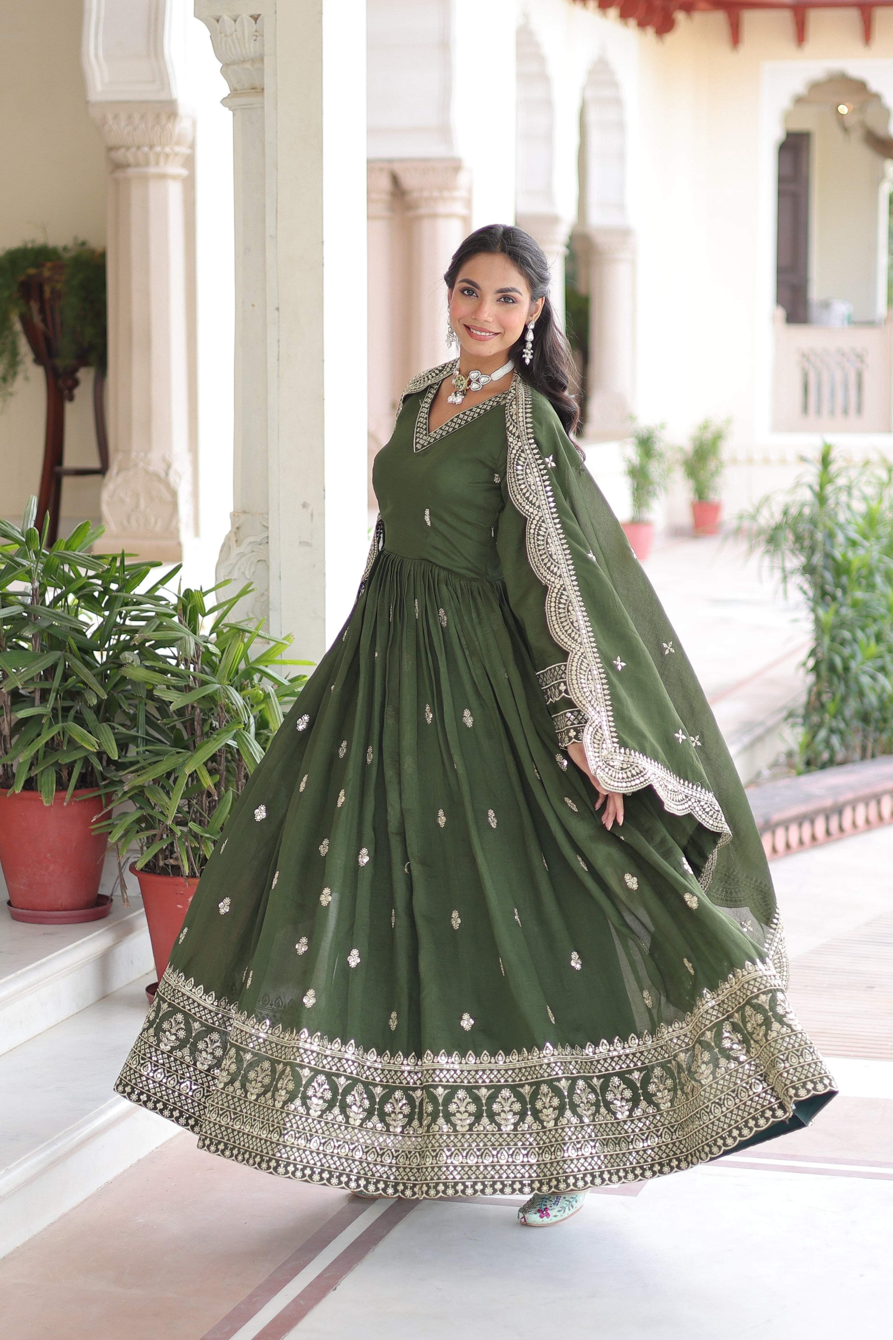 Jyoti Fashion Women's Green Vichitra Silk Sequins Zari Embroidered Anarkali Set With Dupatta | Grocsy