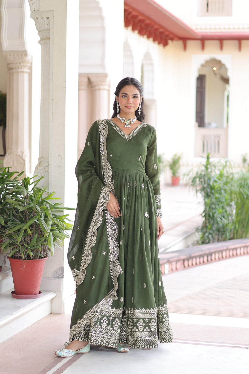 Jyoti Fashion Women's Green Vichitra Silk Sequins Zari Embroidered Anarkali Set With Dupatta | Grocsy