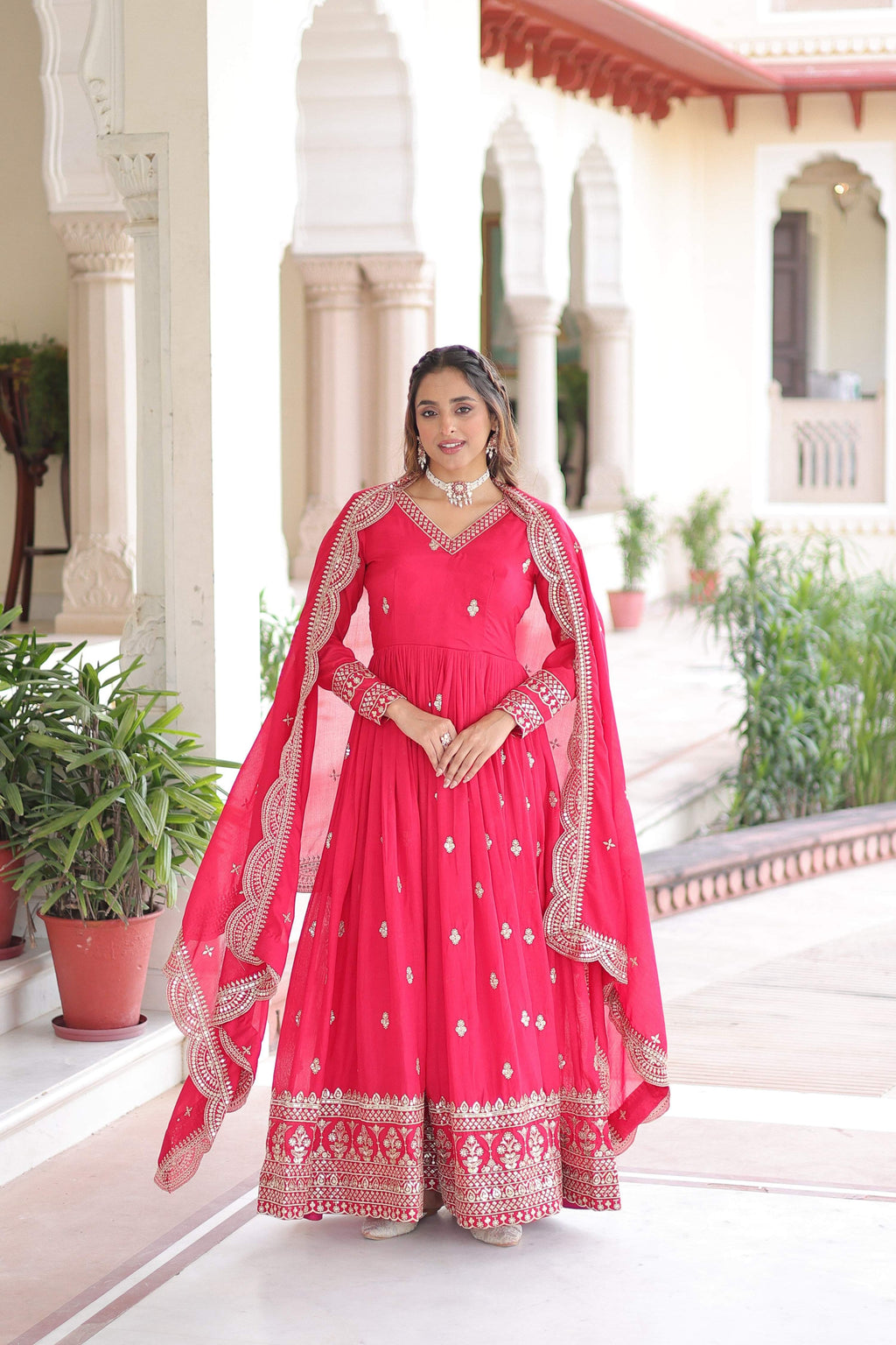 Jyoti Fashion Women's Pink Vichitra Silk Sequins Zari Embroidered Anarkali Set With Dupatta | Grocsy