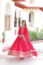 Jyoti Fashion Women's Pink Vichitra Silk Sequins Zari Embroidered Anarkali Set With Dupatta | Grocsy