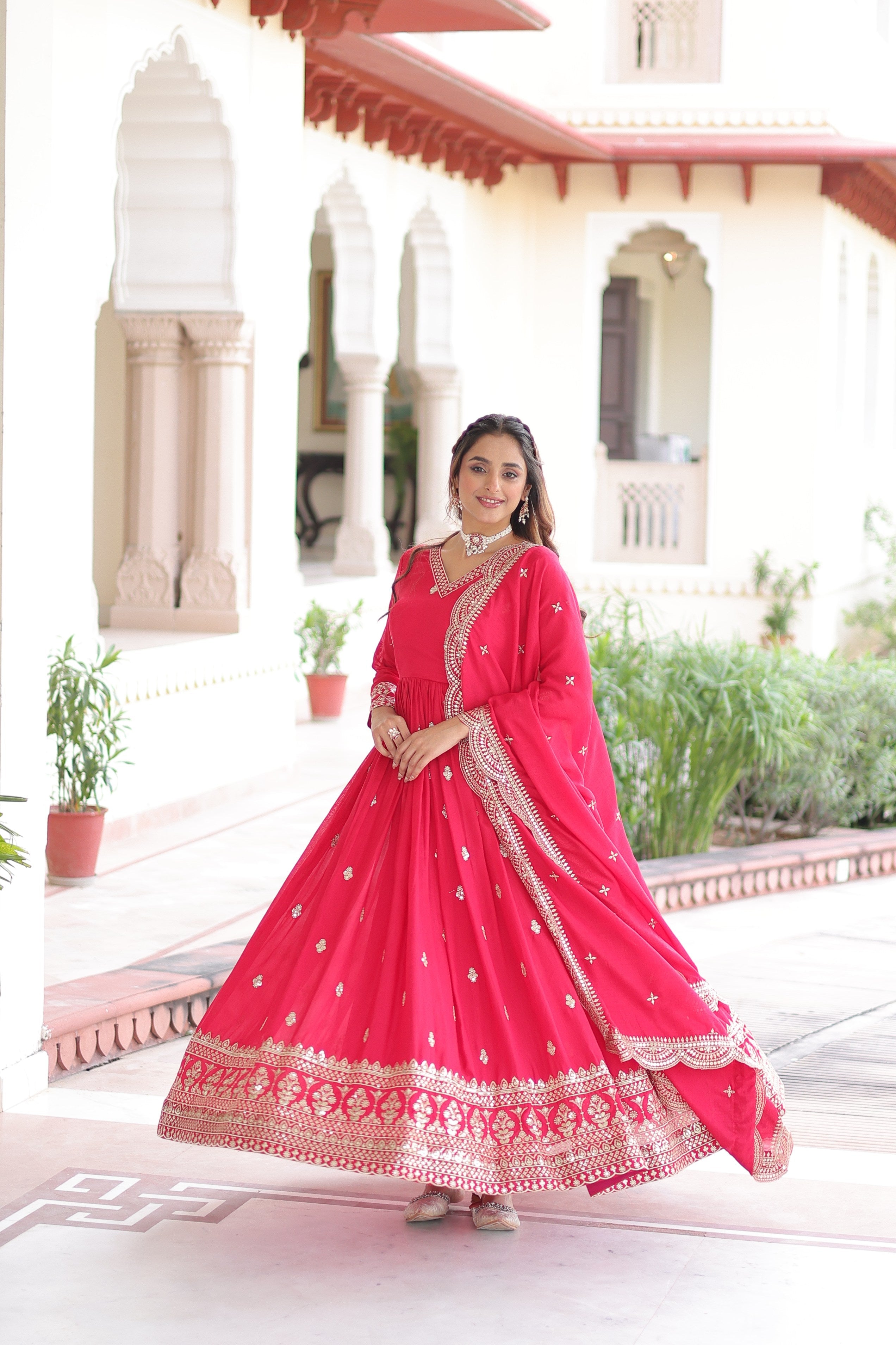 Jyoti Fashion Women's Pink Vichitra Silk Sequins Zari Embroidered Anarkali Set With Dupatta | Grocsy
