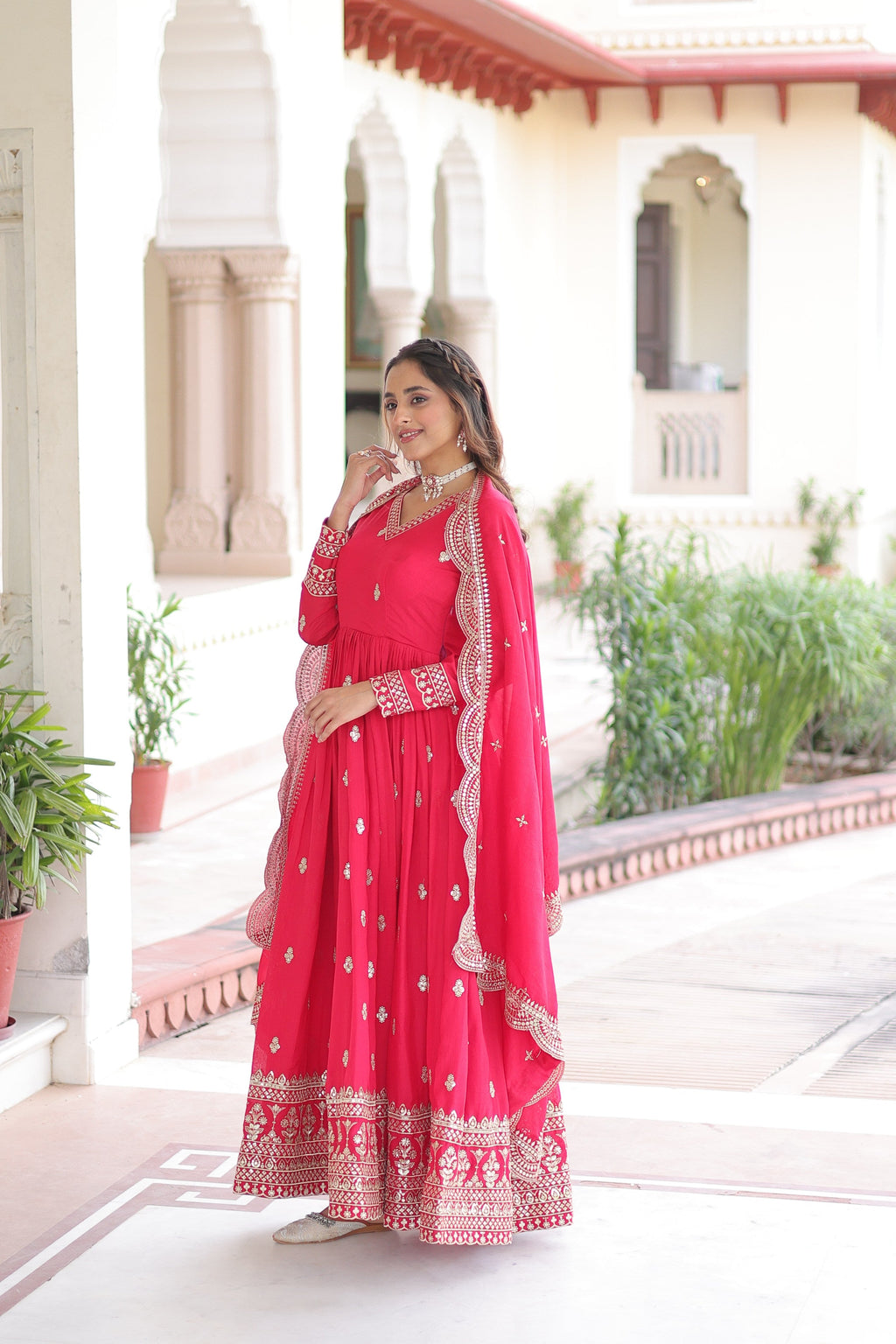 Jyoti Fashion Women's Pink Vichitra Silk Sequins Zari Embroidered Anarkali Set With Dupatta | Grocsy
