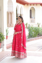 Jyoti Fashion Women's Pink Vichitra Silk Sequins Zari Embroidered Anarkali Set With Dupatta | Grocsy