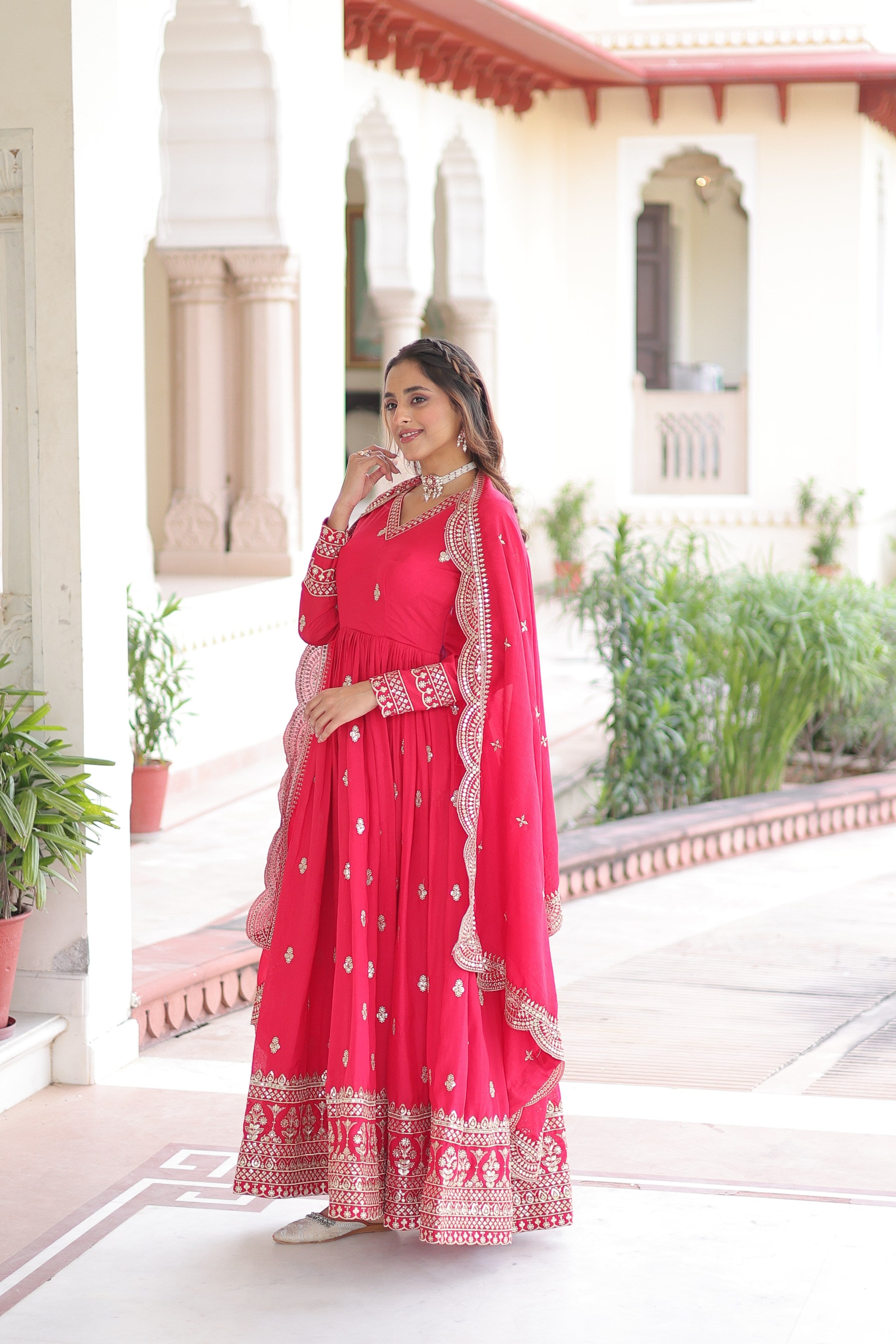 Jyoti Fashion Women's Pink Vichitra Silk Sequins Zari Embroidered Anarkali Set With Dupatta | Grocsy