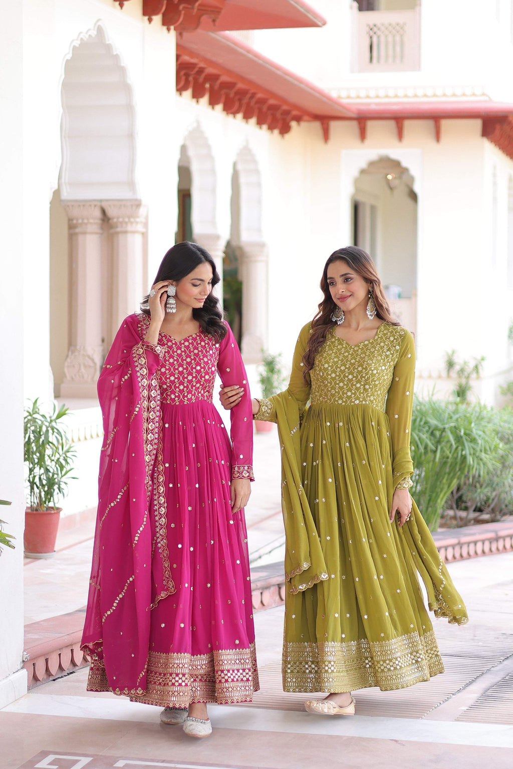 Jyoti Fashion Women's Pink & Parrot Green Faux Georgette Embroidered Combo Anarkali Set With Dupatta | Grocsy