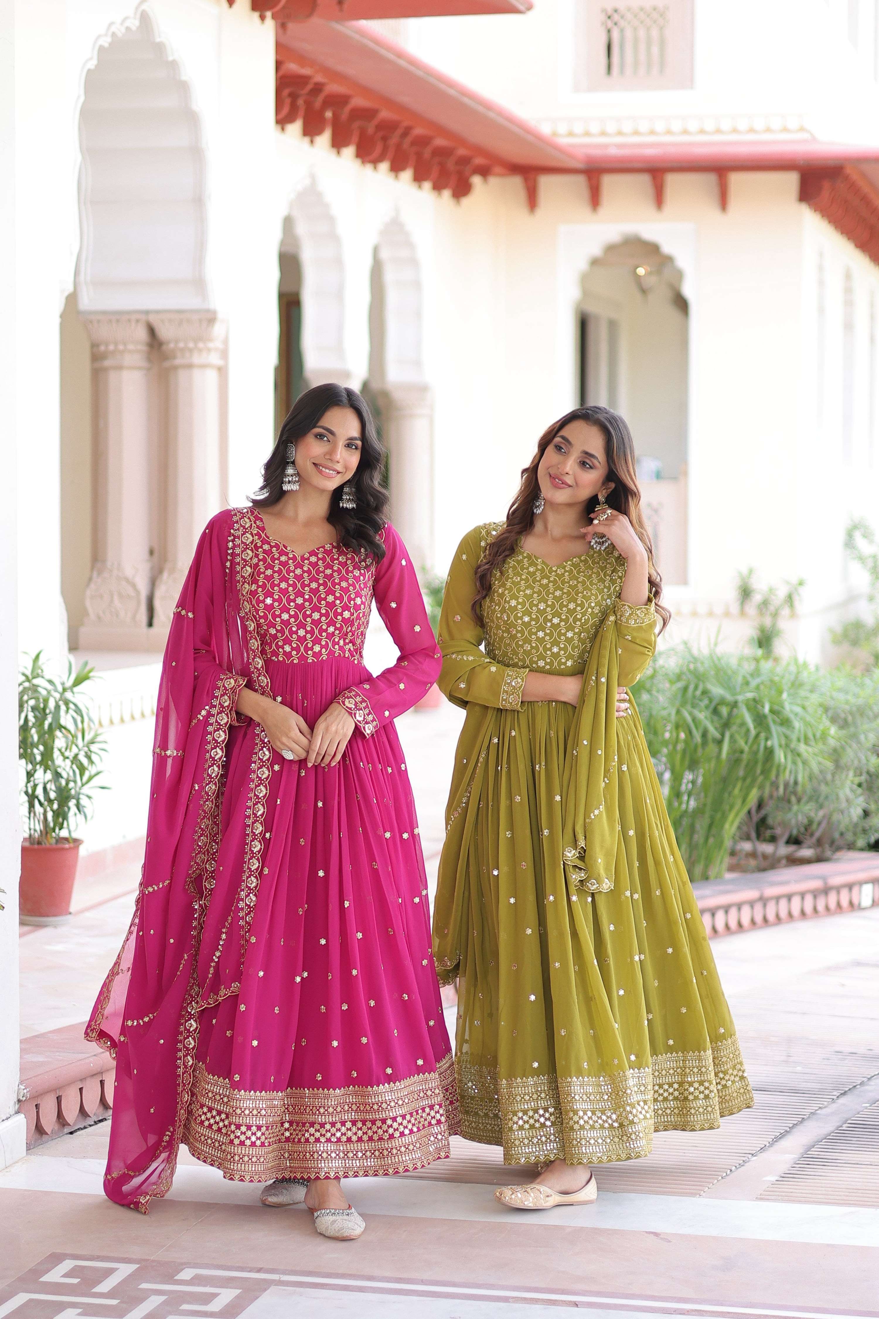 Jyoti Fashion Women's Pink & Parrot Green Faux Georgette Embroidered Combo Anarkali Set With Dupatta | Grocsy