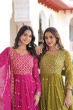 Jyoti Fashion Women's Pink & Parrot Green Faux Georgette Embroidered Combo Anarkali Set With Dupatta | Grocsy