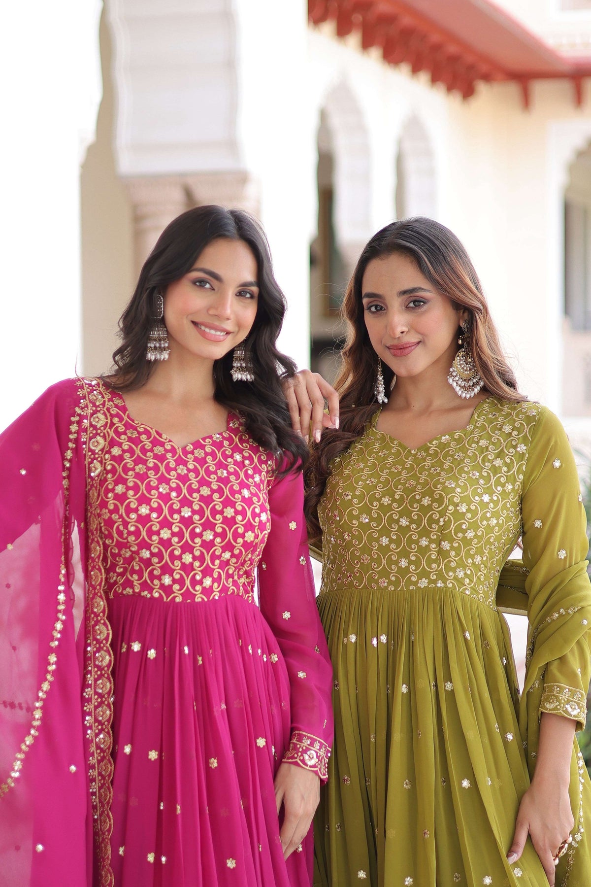 Jyoti Fashion Women's Pink & Parrot Green Faux Georgette Embroidered Combo Anarkali Set With Dupatta | Grocsy