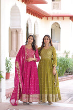 Jyoti Fashion Women's Pink & Parrot Green Faux Georgette Embroidered Combo Anarkali Set With Dupatta | Grocsy