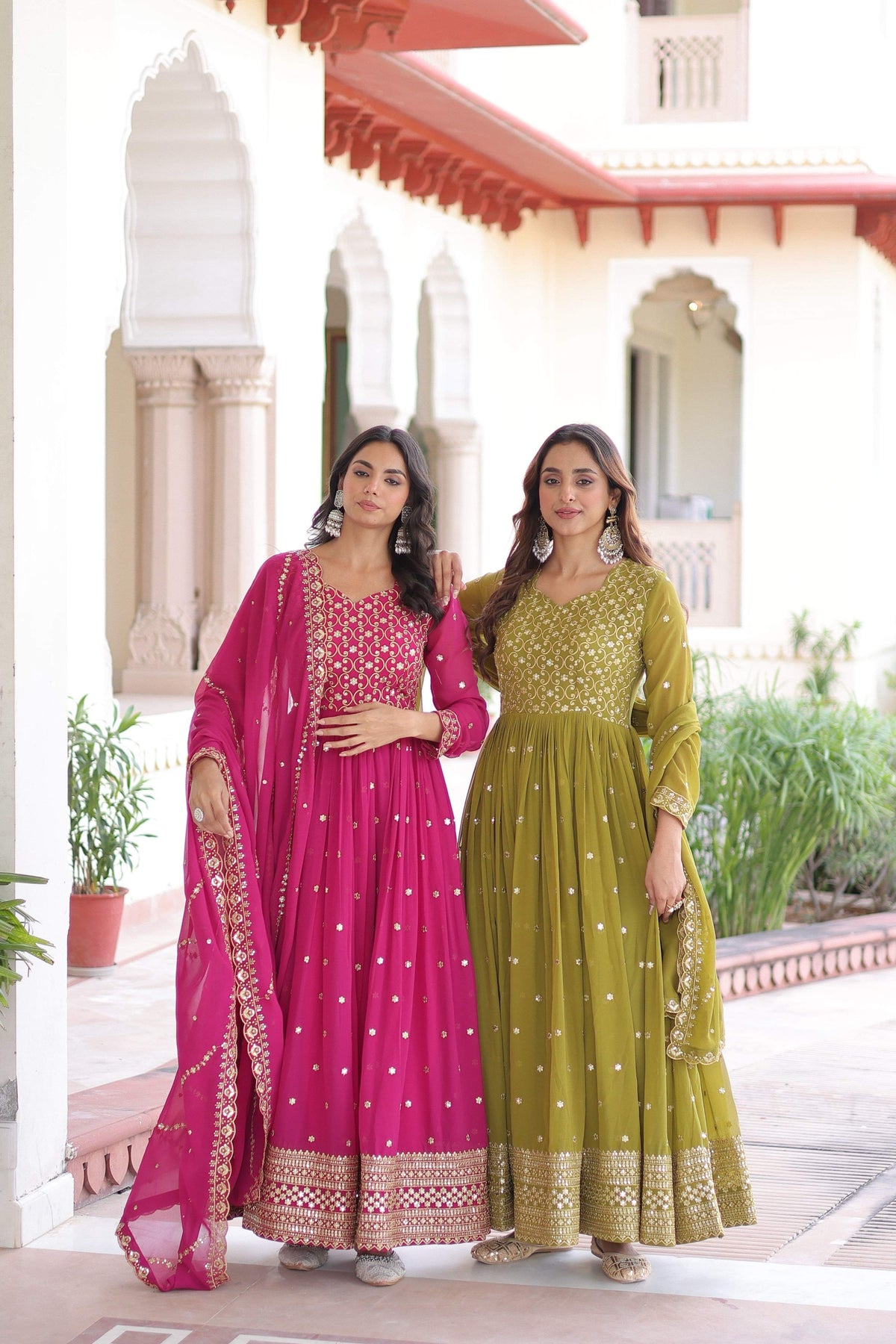 Jyoti Fashion Women's Pink & Parrot Green Faux Georgette Embroidered Combo Anarkali Set With Dupatta | Grocsy