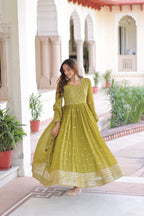 Jyoti Fashion Women's Parrot Green Faux Georgette Sequins Zari Embroidered Anarkali Set With Dupatta | Grocsy