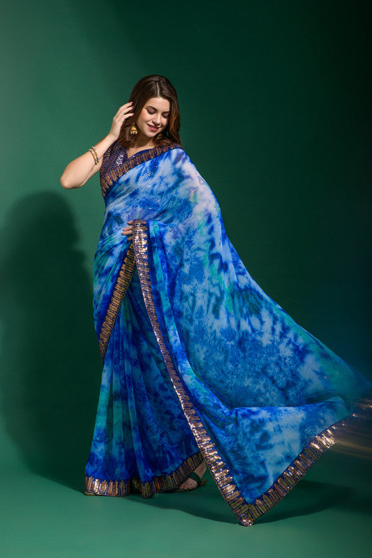 Jyoti Fashion Women's Blue Sequence Embroidery Chiffon Saree with Blouse | Grocsy