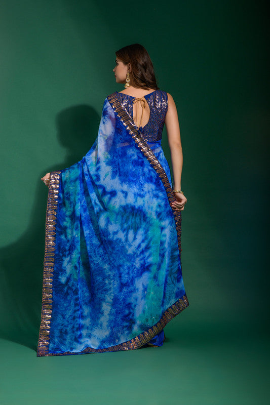 Jyoti Fashion Women's Blue Sequence Embroidery Chiffon Saree with Blouse | Grocsy