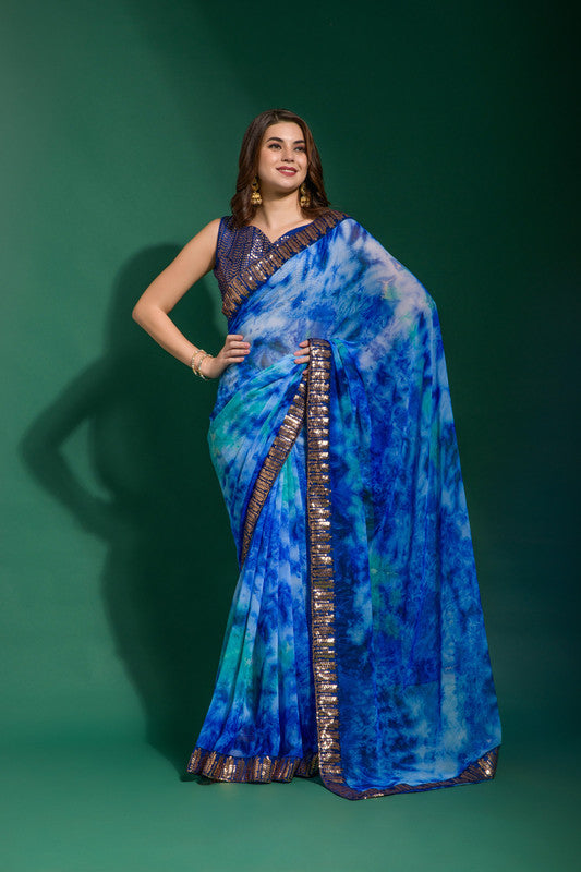 Jyoti Fashion Women's Blue Sequence Embroidery Chiffon Saree with Blouse | Grocsy