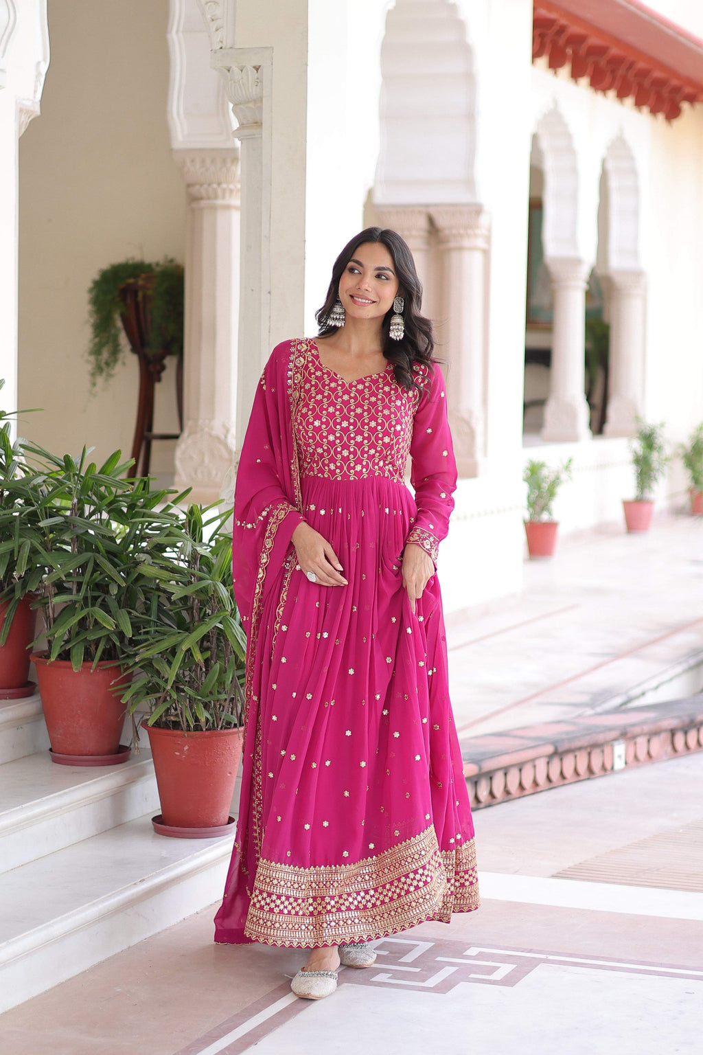 Jyoti Fashion Women's Pink Faux Georgette Sequins Zari Embroidered Anarkali Set With Dupatta | Grocsy