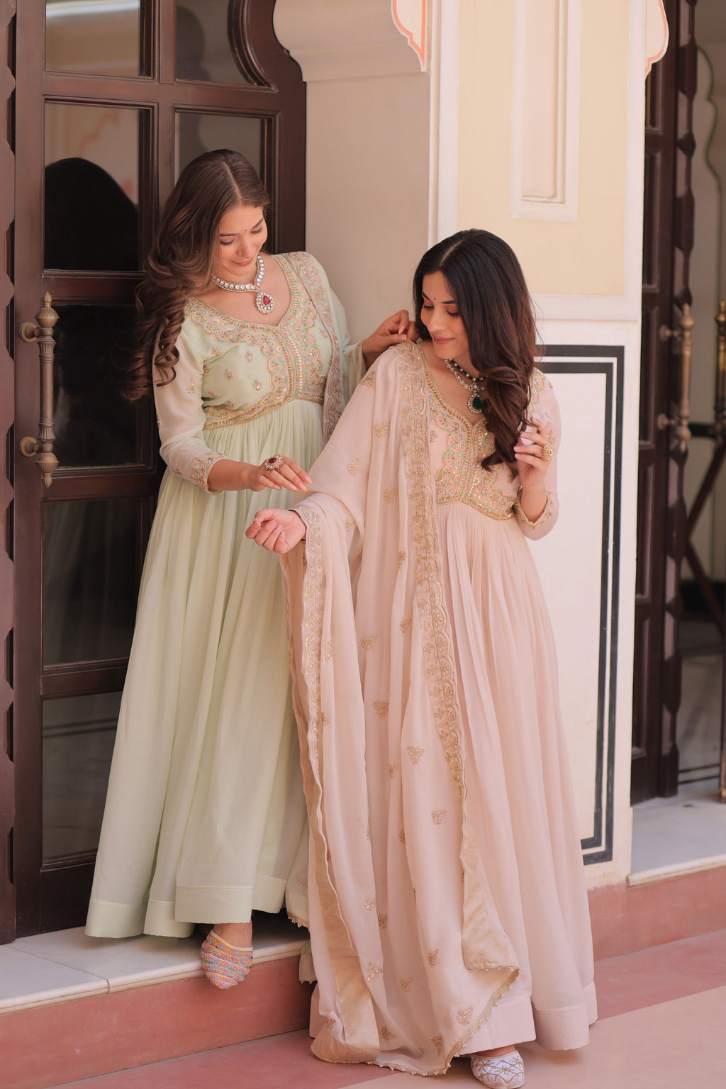 Jyoti Fashion Women's Pista Green & Beige Star Georgette Embroidered Combo Anarkali Set With Dupatta | Grocsy