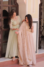Jyoti Fashion Women's Pista Green & Beige Star Georgette Embroidered Combo Anarkali Set With Dupatta | Grocsy
