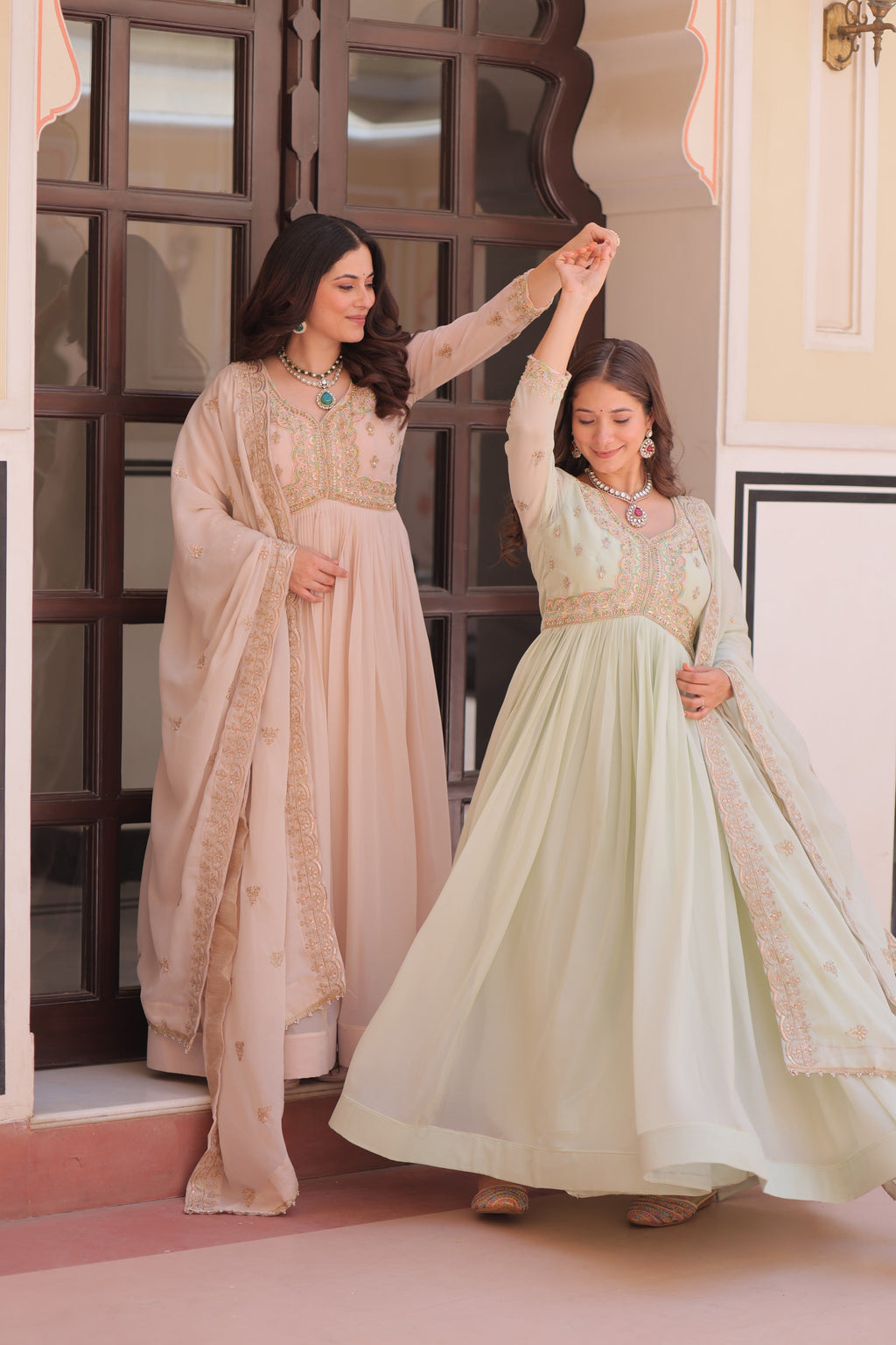 Jyoti Fashion Women's Pista Green & Beige Star Georgette Embroidered Combo Anarkali Set With Dupatta | Grocsy