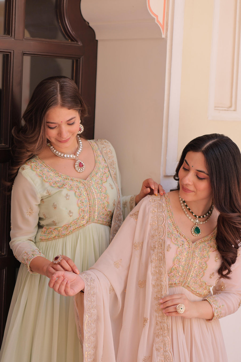 Jyoti Fashion Women's Pista Green & Beige Star Georgette Embroidered Combo Anarkali Set With Dupatta | Grocsy