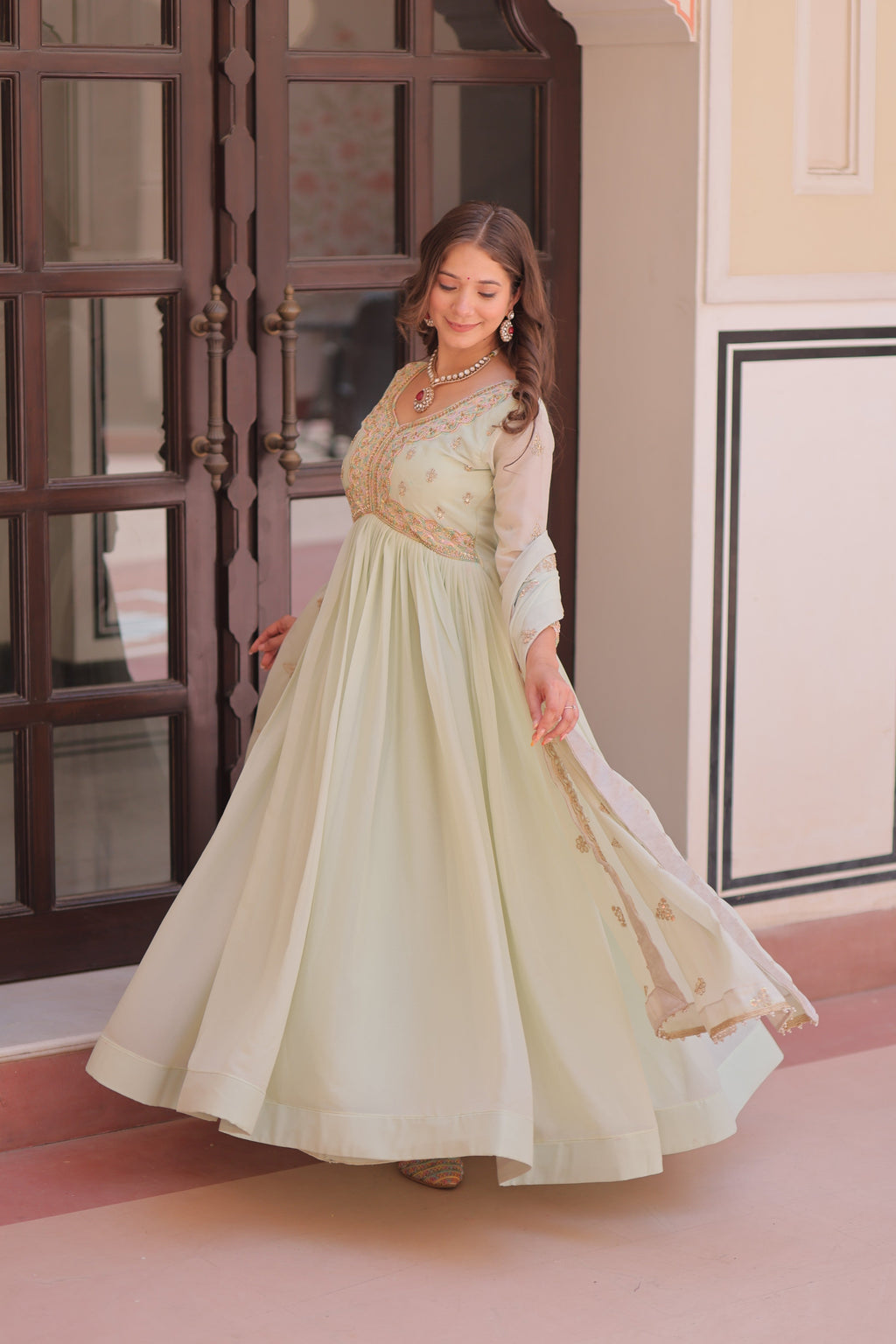 Jyoti Fashion Women's Pista Green Star Georgette Embroidered Anarkali Set With Dupatta | Grocsy