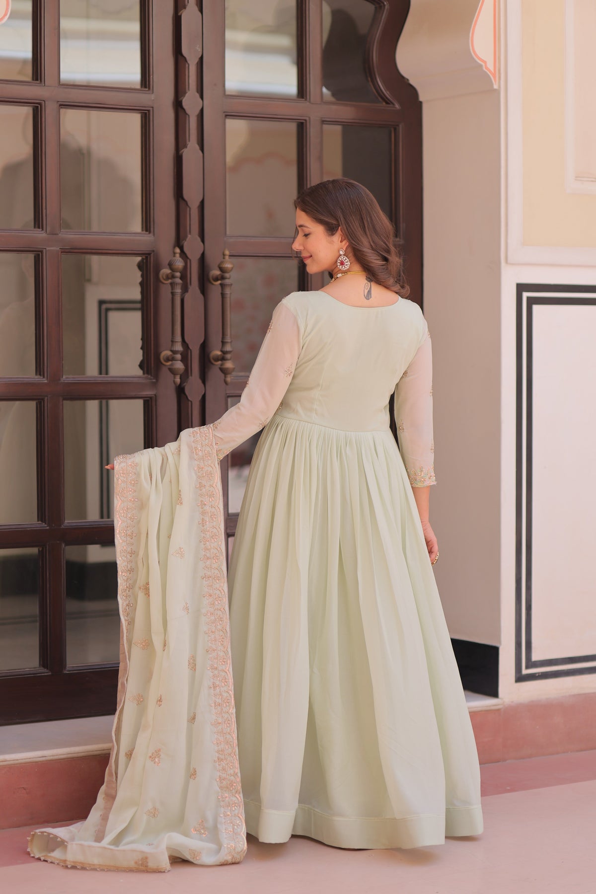 Jyoti Fashion Women's Pista Green Star Georgette Embroidered Anarkali Set With Dupatta | Grocsy