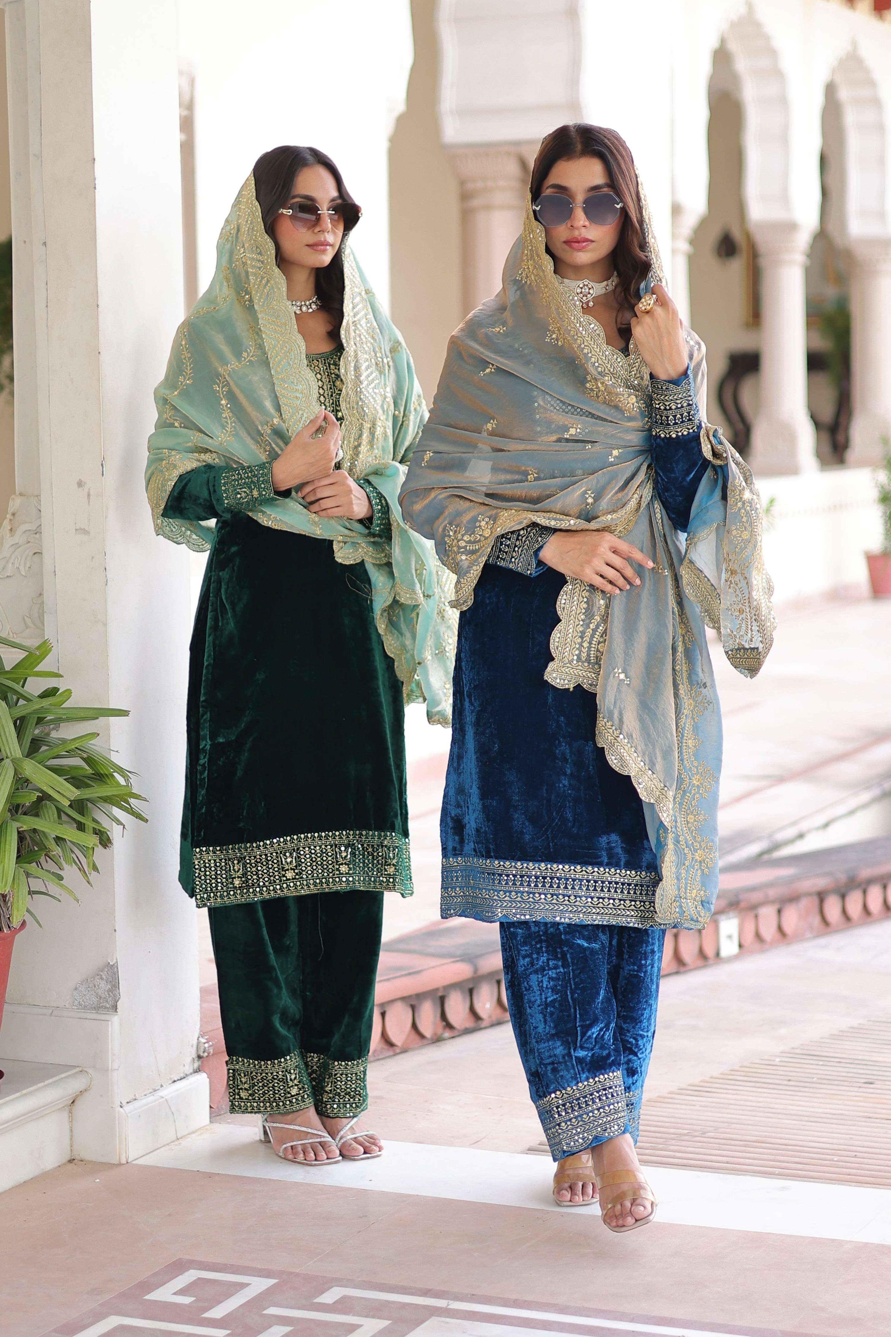 Jyoti Fashion Green & Blue Velvet Embroidered Designer Combo Kurta Set with Dupatta | Grocsy