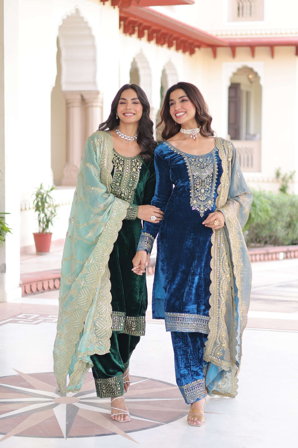 Jyoti Fashion Green & Blue Velvet Embroidered Designer Combo Kurta Set with Dupatta | Grocsy