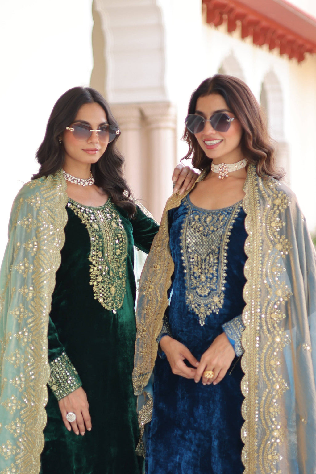 Jyoti Fashion Green & Blue Velvet Embroidered Designer Combo Kurta Set with Dupatta | Grocsy