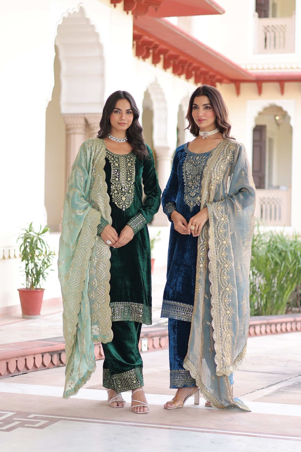 Jyoti Fashion Green & Blue Velvet Embroidered Designer Combo Kurta Set with Dupatta | Grocsy