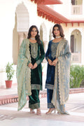 Jyoti Fashion Green & Blue Velvet Embroidered Designer Combo Kurta Set with Dupatta | Grocsy