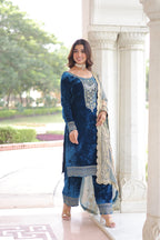 Jyoti Fashion Blue Velvet Embroidered Designer Kurta Set with Dupatta | Grocsy