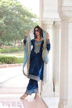 Jyoti Fashion Blue Velvet Embroidered Designer Kurta Set with Dupatta | Grocsy