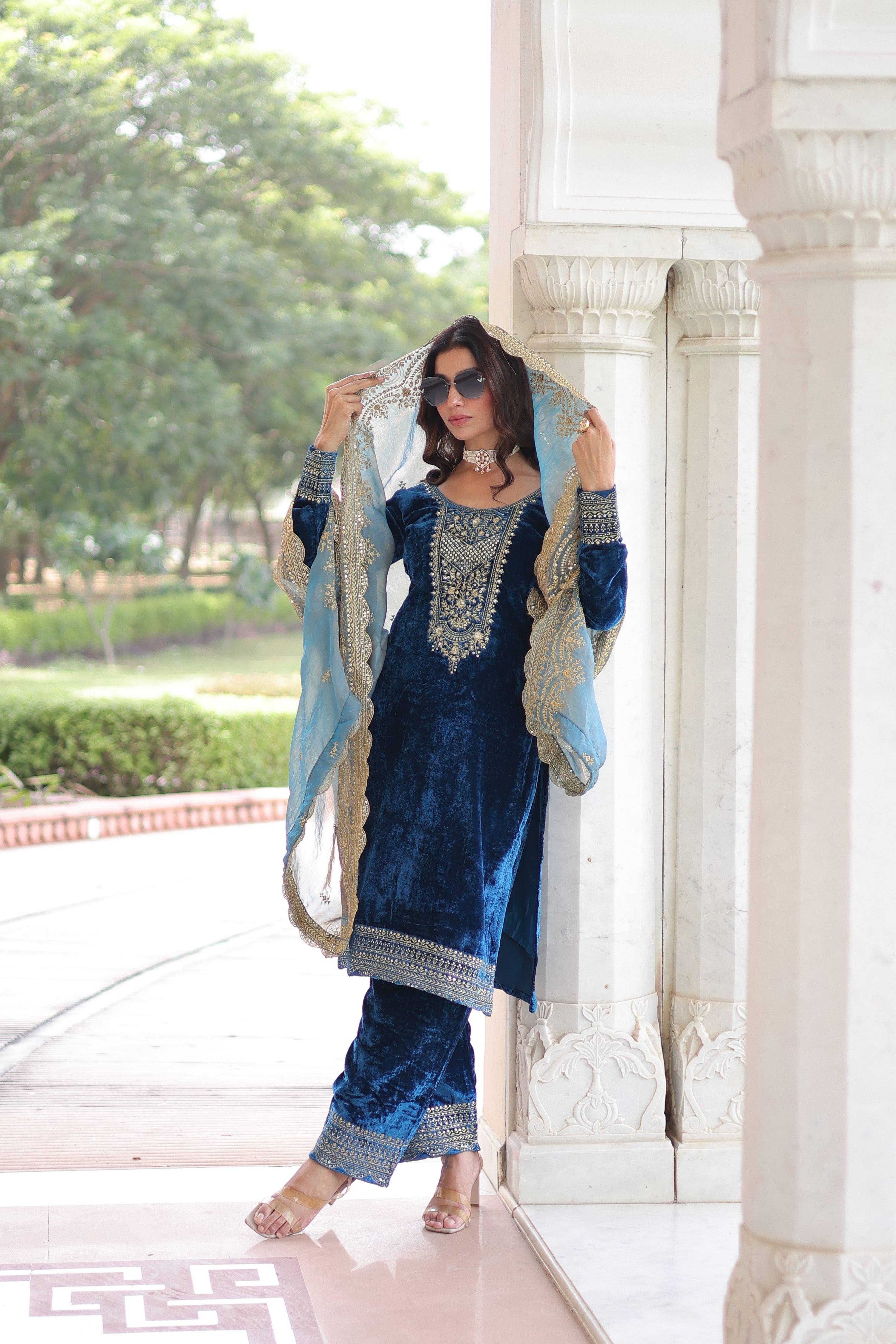 Jyoti Fashion Blue Velvet Embroidered Designer Kurta Set with Dupatta | Grocsy
