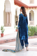 Jyoti Fashion Blue Velvet Embroidered Designer Kurta Set with Dupatta | Grocsy
