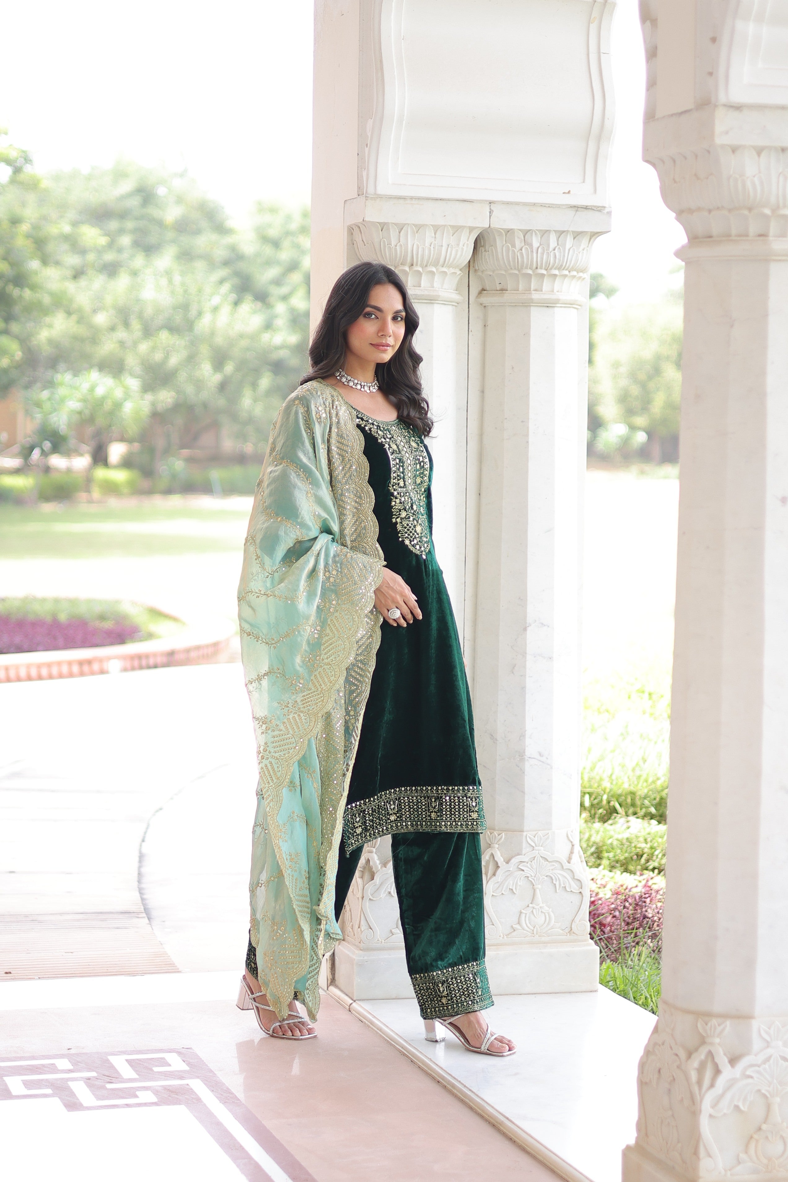 Jyoti Fashion Green Velvet Embroidered Designer Kurta Set with Dupatta | Grocsy