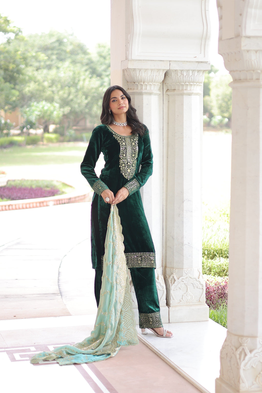 Jyoti Fashion Green Velvet Embroidered Designer Kurta Set with Dupatta | Grocsy